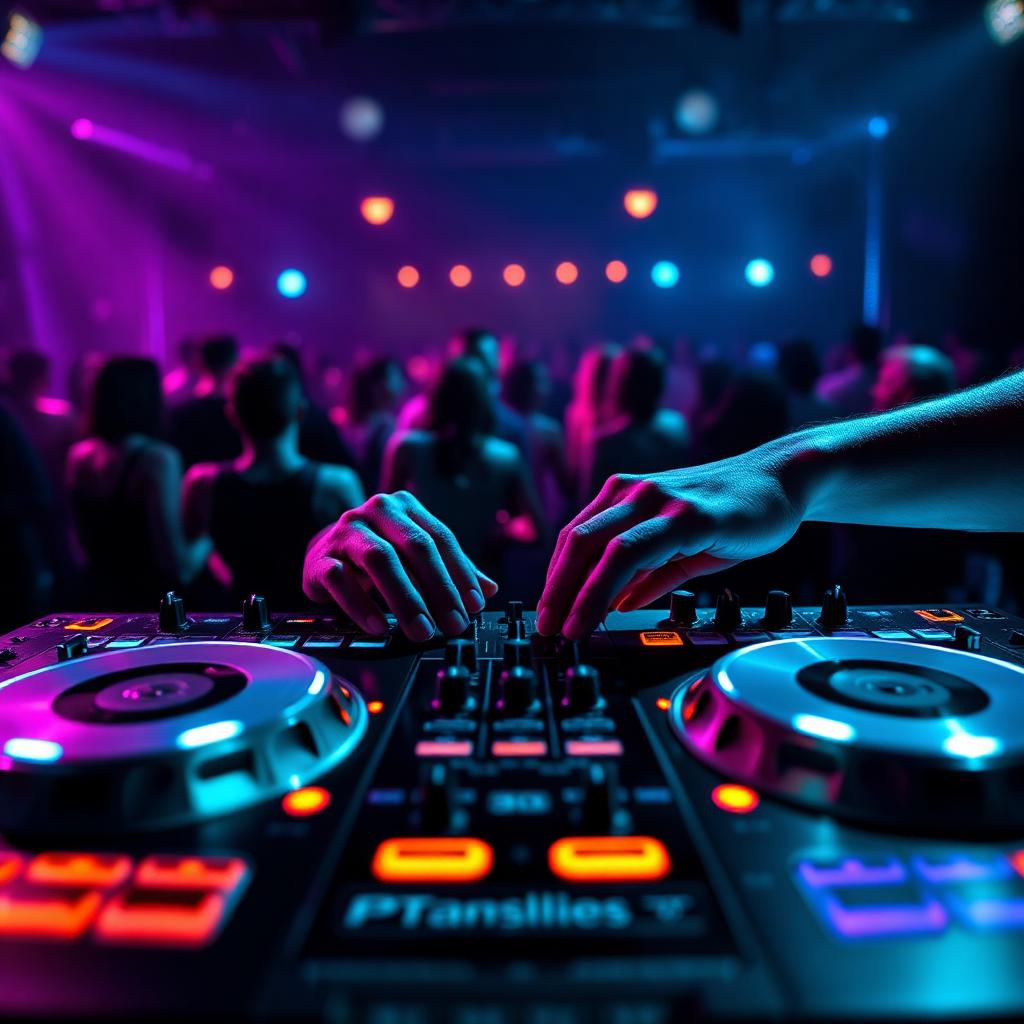 DJ hands on decks with dancefloor